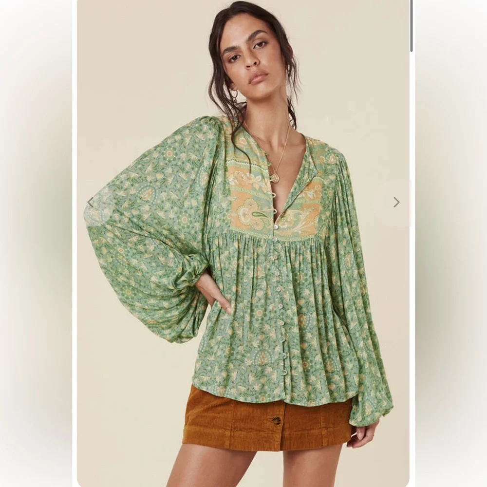 Spell & The Gypsy Collective Emerald Madame Peacock Floral Boho Blouse - Picture 3 of 8